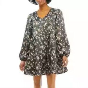 True Craft Gray Floral Mini Dress Long Sleeve Boho Polyester Size XL